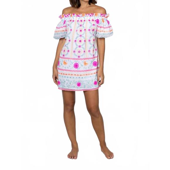 NEW JULIET DUNN off shoulder mini dress mexican print in fuchisa/mango/turq - Picture 1 of 1